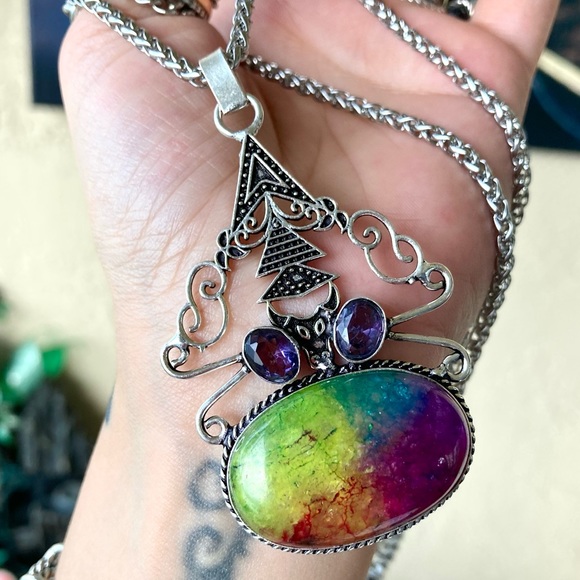 925 sterling silver overlay amethyst & Rainbow solar quartz stone charm necklace - Picture 10 of 11